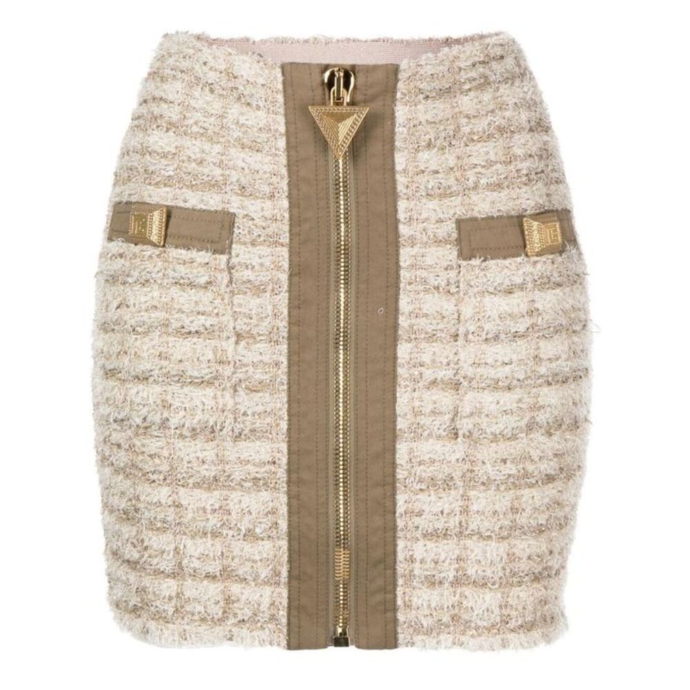 BALMAIN Luxury Tweed Mini Skirt with Front Zip and Logo Details Women NUDE &